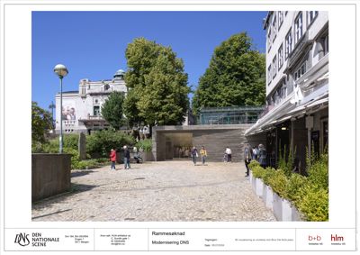 3D-visualisering av fasade og inngang til et moderne bygg (DNS) i en bymiljø.