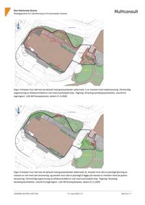 Situasjonsplaner som viser to alternativer for gravearbeider og masser på en tomt. Planene illustrerer arealer for fjerning og legging av masser, samt tiltaksområder, med angitte arealer (f.eks. 50m², 210m²).