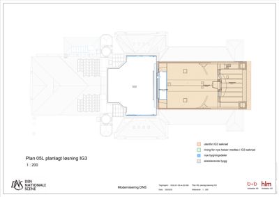 Etasjeplan (planlagt løsning) som viser romfordeling, nye og eksisterende bygningsdelers plassering, samt heis og trapp.