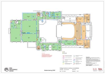 Etasjeplan for et teaterrom (DNS) med romfordeling, utstyr og endringsforslag.