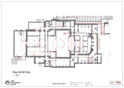 Etasjeplan (Plan 00) som viser romfordeling, vegger og trapper for en bygning (DNS) i etasjefase 4 (IG4).
