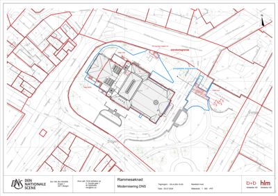 Situasjonsplan som viser bygningens plassering i forhold til eiendomsgrenser, veier og nabolag.