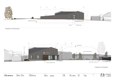 Tegning som viser fasadeoppsettet for bygningen sett fra Nordvest og Sydøst, inkludert mål, materialer og omgivende terreng.
