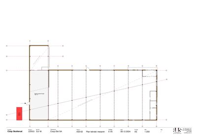 En teknisk detaljtegning (A3) av en teknisk mesanin for Coop Skotterud, som viser konstruksjon, dimensjoner og detaljer for etasjeplan.