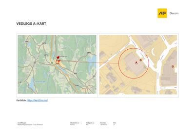 Bildet viser to kart som illustrerer bygningens plassering i forhold til omgivelsene. Det ene kartet er en oversikt over området (Kartfinn), mens det andre er en detaljert situasjonsplan med en rød sirkel rundt bygningen.