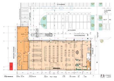 Etasjeplan (Plan 1. Etasje) for Coop Skotterud som viser romfordeling, parkeringsplasser og innganger.