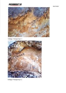 Fotografier av to prøvegraver (Vedlegg 1 og 2) som viser jordlag og underlag.