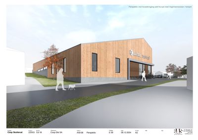 3D-visualisering (rendering) av en planlagt bygning (Coop Extra) sett fra en bestemt vinkel.