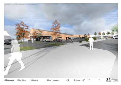 3D-visualisering (rendering) av en planlagt bygning (Coop Extra) sett fra Dr. Lunderbys veg mot hovedinngang.