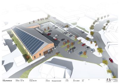 3D-visualisering (rendering) av en planlagt bygning (Coop Skotterud) med omgivende parkeringsplasser, veier og nabolag.