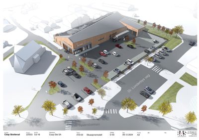 3D-visualisering (rendering) av en situasjonsmodell for et nytt Coop-butikkbygg med parkeringsplasser og omgivelsene.