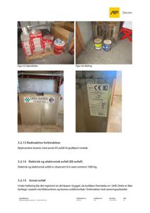 Fotografier av avfallsbeholdere og maling på en byggeplass, inkludert tekster om avfallshåndtering.