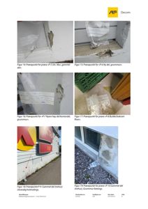 Fotodokumentasjon av prøvetaking fra ulike deler av en bygning, inkludert utvendige vegger og grunnmur.