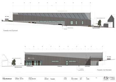 Tegning som viser fasadeoppsettet for bygningen sett fra sydvest og nordøst, inkludert vinduer, inngang og takform.
