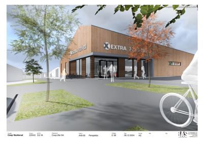 3D-visualisering (perspektiv) av en planlagt bygning (Coop Extra) med omgivende landskap, trær og mennesker.