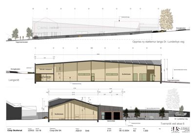Tegning som viser tverrsnitt (snitt) gjennom en bygning, med oppriss av stammer, romfordeling og høyder.