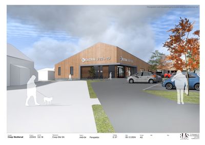 3D-visualisering (rendering) av en planlagt bygning (Coop Extra) sett fra en vinkel som viser fasade, inngang og omgivende parkeringsområde.