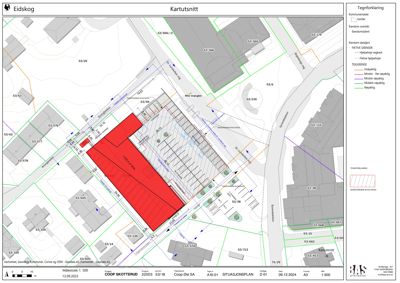 Situasjonsplan (kartutsnitt) som viser eiendomsnummer, grenser, nabolag og plassering av bygning.