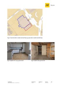 Bildet viser en samling av tre bilder: en situasjonsplan (Figur 3) og to foton av interiør (Figur 4 og Figur 5).