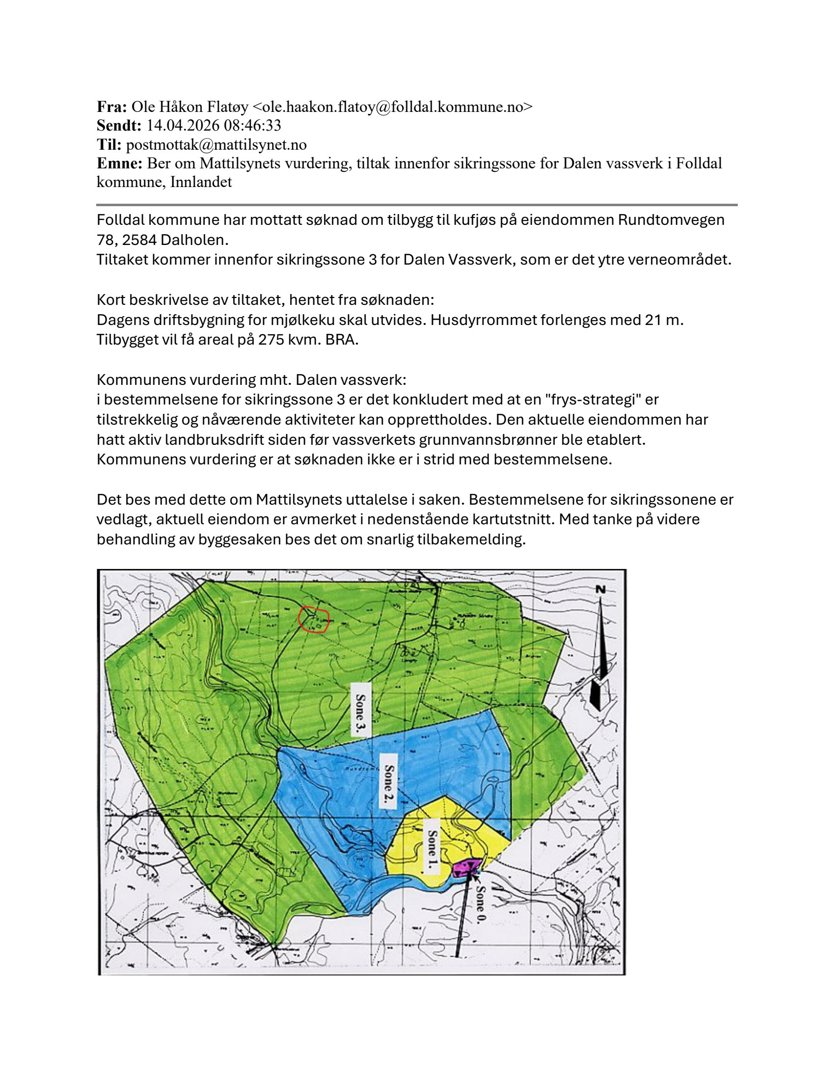 Et kartutsnitt som viser sikringssoner (1, 2 og 3) rundt Dalen Vassverk i forhold til eiendommen Rundtomvegen.