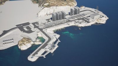 3D-visualisering av et kystanlegg, sannsynligvis en havbase eller militær installasjon, sett fra luften.