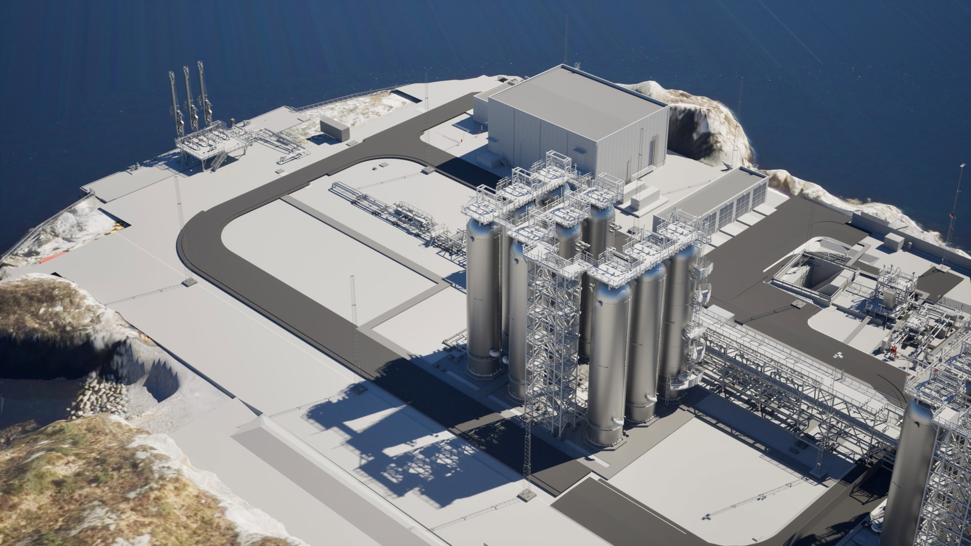 3D-visualisering av et industrielt anlegg (sannsynligvis en kjernekraftstasjon) sett fra luften, med omgivende terreng og hav.