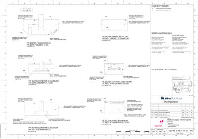 En tegning som viser flere typiske snitt (TYP. SECTION) av en grunnkonstruksjon, inkludert fundament, tilbakefylling og kabelløp.