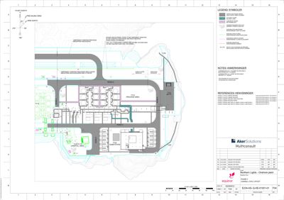 Situasjonsplan som viser tomtens form, vegnettet (Road A, Road B), anleggsområder (Process Area, Substation) og omgivelsene.