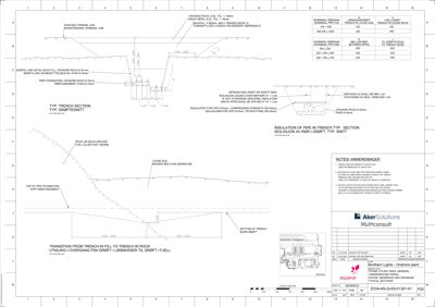 Tegning som viser detaljert snitt av en grøft (trench) med spesifikke krav til isolasjon, fyllmateriale og overgang til fjell.