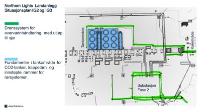 Situasjonsplan for Northern Lights Landanlegg som viser plassering av tankområde, kalområde og substasjon.