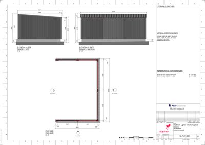 Fasadetegning som viser oppriss av bygningens sider (Side og Banevegg) med detaljer om tak, takfliser og fargelegging.