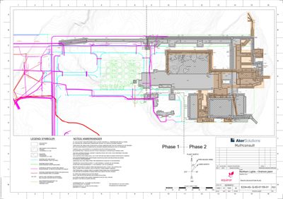 Situasjonsplan som viser tomtens form, terrengforhold (konturlinjer), eksisterende og planlagt bebyggelse (Phase 1 og Phase 2), samt symboler for infrastruktur og anlegg.