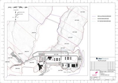 Situasjonsplan som viser eiendomsgrenser, reguleringsgrense og tomtetillatelser for et anleggsprosjekt.