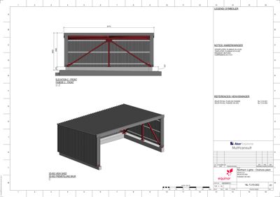 Fasadetegning som viser oppriss av en bygning (Skur) sett fra front og side, med mål og konstruksjonsdetaljer.