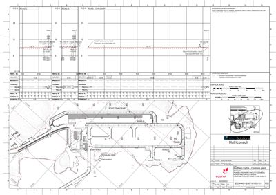 Situasjonsplan som viser plassering av veier (Road C, Road 3, Road Temporary) i forhold til terrenget, med høydekurver og profilering.