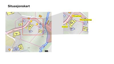 Situasjonskart som viser tomtens beliggenhet i forhold til nabolag, vei og terreng.