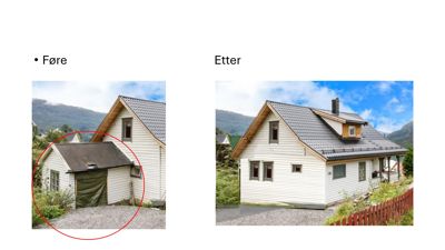 Fotografisk sammenligning av en bygning før og etter en endring (tilføyelse av etasjehus).