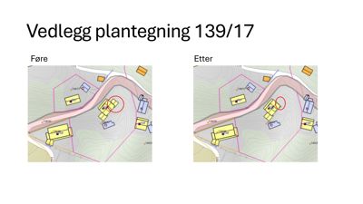 Situasjonsplan som viser to tilstander ('Føre' og 'Etter') av et byggeområde med topografi, eiendomsgrenser og plassering av bygninger.