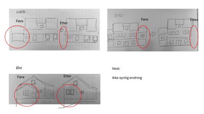 Håndtegnede fasadetegninger som viser endringer i bygningens utseende (Føre/Etter) sett fra Nord, Syd, Øst og Vest.