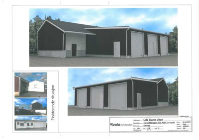 Bildet viser en 3D-visualisering (rendering) av en nybygg eller ombygging av en garasje/hall. Det er også inkludert mindre bilde av eksisterende situasjon og en tegningsskrue med opplysninger om prosjektet.