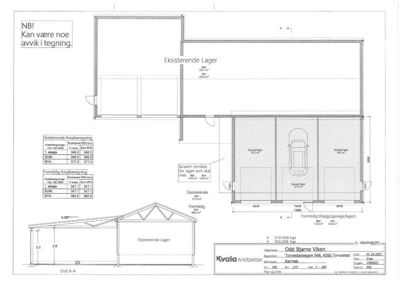 Snittegning (Snitt A-A) som viser tverrsnittet av eksisterende og fremtidig lagerbygning, inkludert mål og konstruksjonsdetaljer.