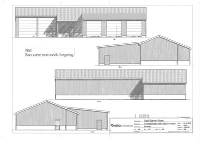 Fasadetegning som viser bygningens utsyn mot Sør, Øst, Nord og Vest.