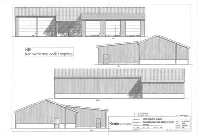 Fasadetegning som viser bygningens utsyn mot Sør, Øst, Nord og Vest.