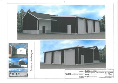Bildet viser en 3D-visualisering (rendering) av en nybygg eller ombygging av en garasje/hall. Det er også inkludert mindre bilde av eksisterende situasjon og en tegningsskrue med opplysninger om prosjektet.