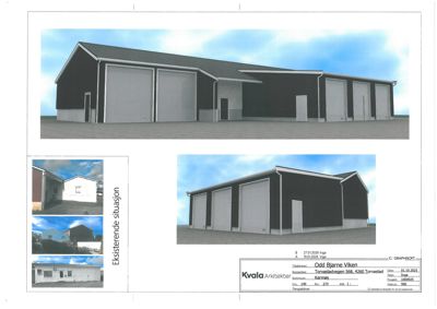 Bildet viser en blanding av arkitekttegninger og fotografier. Det store bildet øverst er en 3D-rendering (visualisering) av en planlagt bygning. Bildene nederst til venstre er eksisterende situasjonsfotografier. Bildet inneholder også en tegning med detaljer om prosjektet.