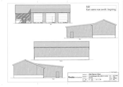 Fasadetegning som viser bygningens utseende fra fire sider (Sør, Øst, Nord, Vest).