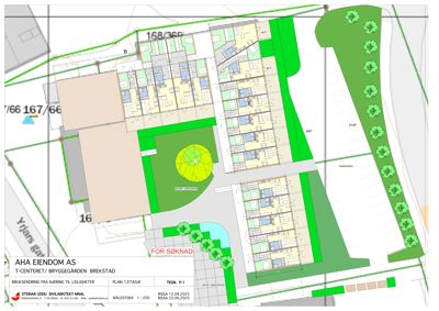 Etasjeplan (PLAN 1. ETASJE) for en bygning med leiligheter, som viser romfordeling, arealer og utendørs områder.