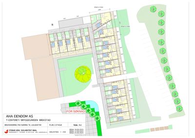 Etasjeplan (PLAN 2.ETASJE) som viser romfordeling, leiligheter og uteplasser for T-Centeret/Bryggegården.