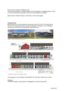 Bildet viser en saksopplysning fra en byggesak som inneholder to fotografier av eksisterende bygninger og tre fasadetegninger for det planlagte tiltaket.