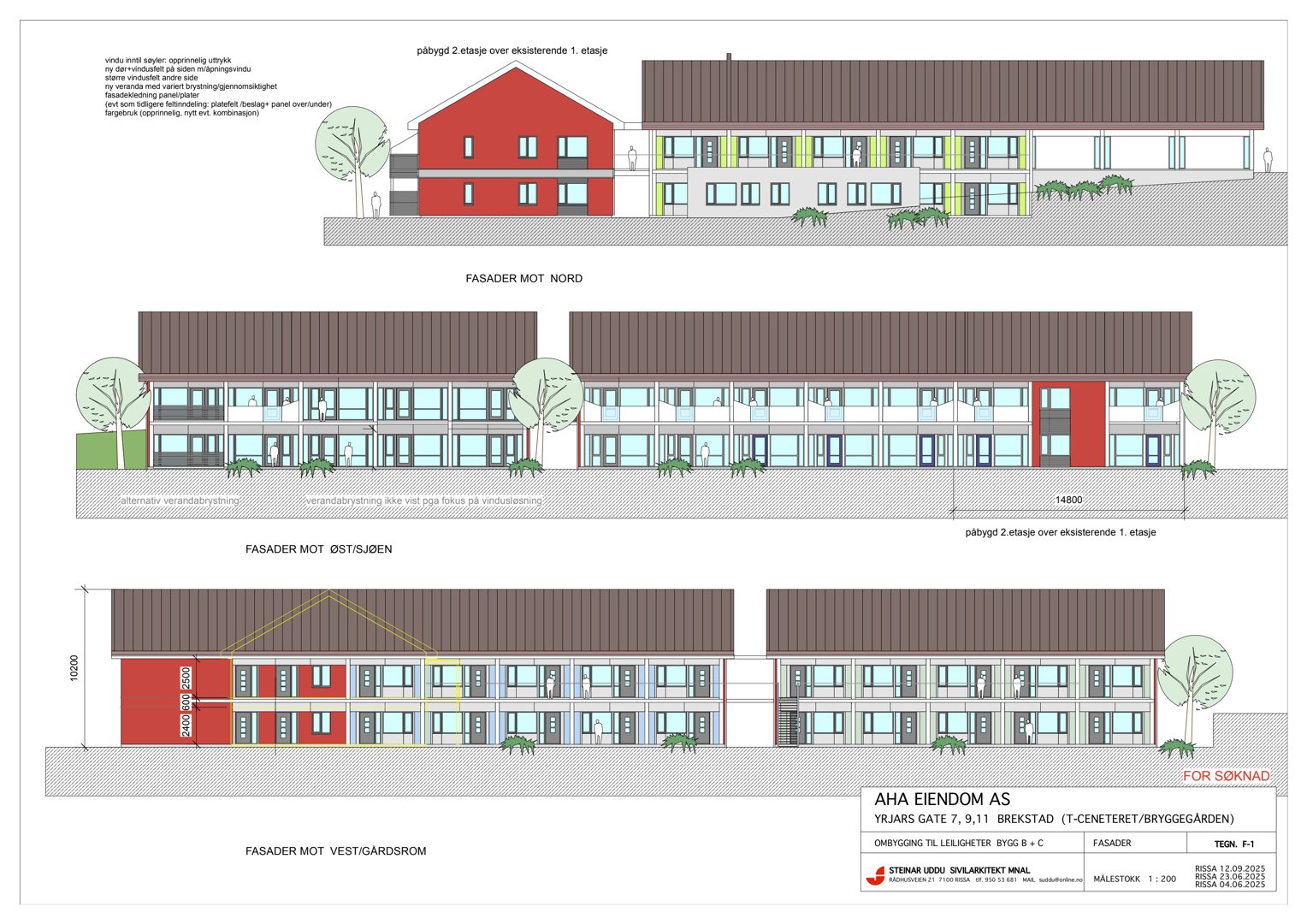 Fasadetegning som viser bygningens utseende fra tre ulike sider (Nord, Øst og Vestgardsrom) med detaljer om materialer og farger.